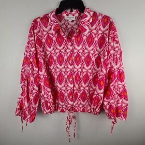 Marc New York Top Size‎ M Synched Waist Button Up Blouse Pink White Orange Women